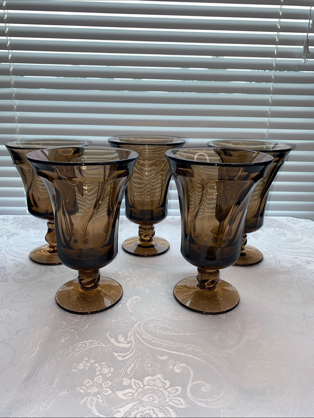 6 Vintage Fostoria "Jamestown-Brown" Footed Water Goblets / Iced Tea Glasses,